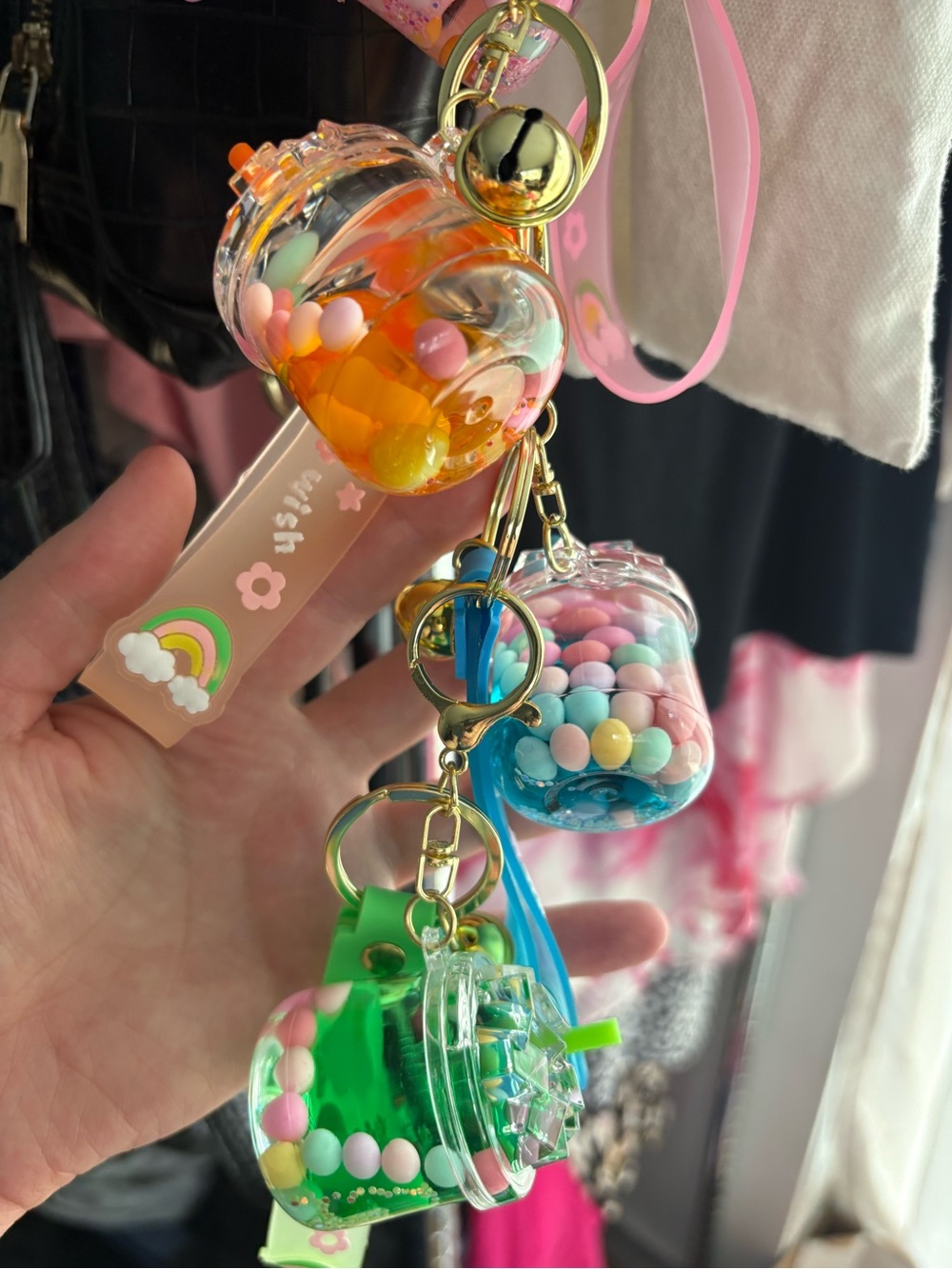 Keychain cups with liquid juice or boba tea with strap that says wish - Picture 2 of 14
